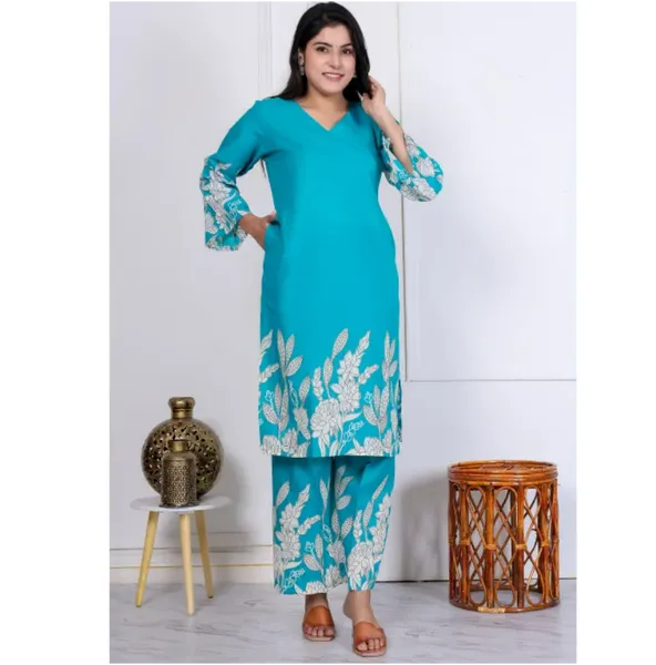 Bisesh Creation Blue V-Neck Floral Printed Straight Kurta Pant Set For Women
